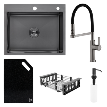 Комплект кухонної мийки Kroner KRP Schwarze 60х50HM PVD Kitchen Line Grafite